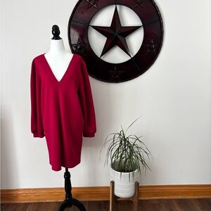 Zara Vibrant Pink Midi Dress with low V Neck and Puffed Sleeves Sz Xl